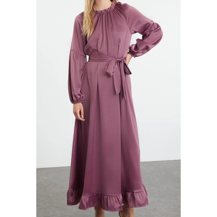 Women Fashion Stylish Hijab Maxi Length Stand Collar Regular Satin Belt Detailed Woven Dress