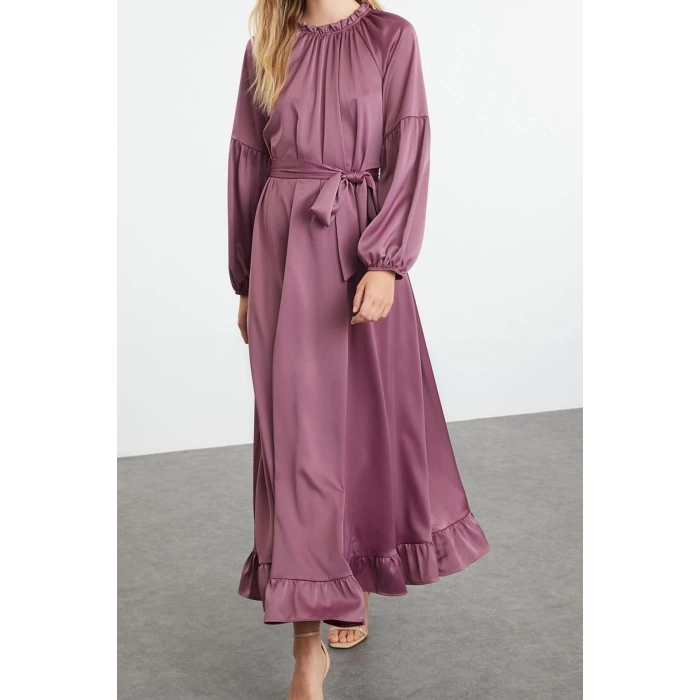 Women Fashion Stylish Hijab Maxi Length Stand Collar Regular Satin Belt Detailed Woven Dress