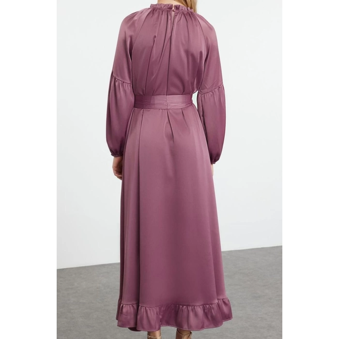 Women Fashion Stylish Hijab Maxi Length Stand Collar Regular Satin Belt Detailed Woven Dress