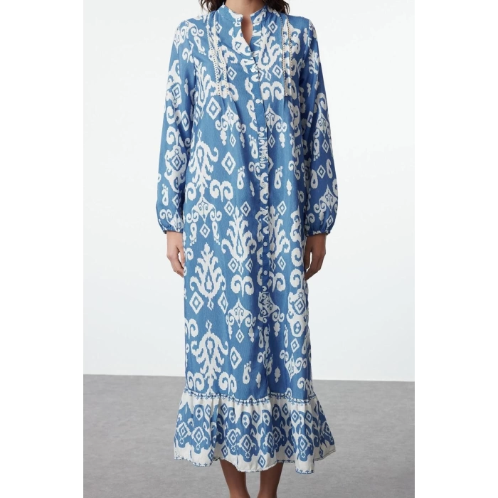 Women Fashion Stylish Hijab Maxi Length Judge Collar Regular Shawl Patterned Linen Look Woven Dress