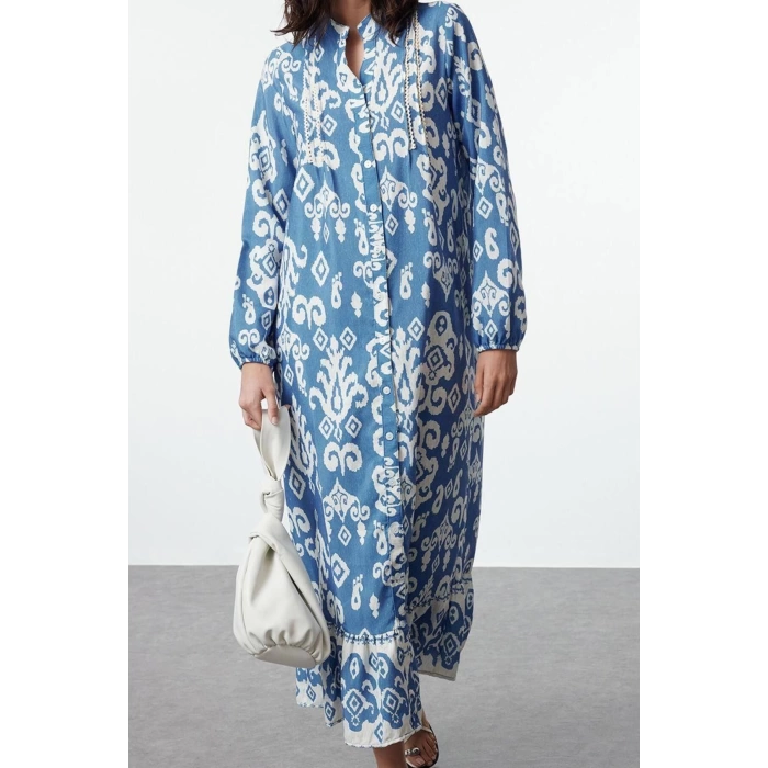 Women Fashion Stylish Hijab Maxi Length Judge Collar Regular Shawl Patterned Linen Look Woven Dress