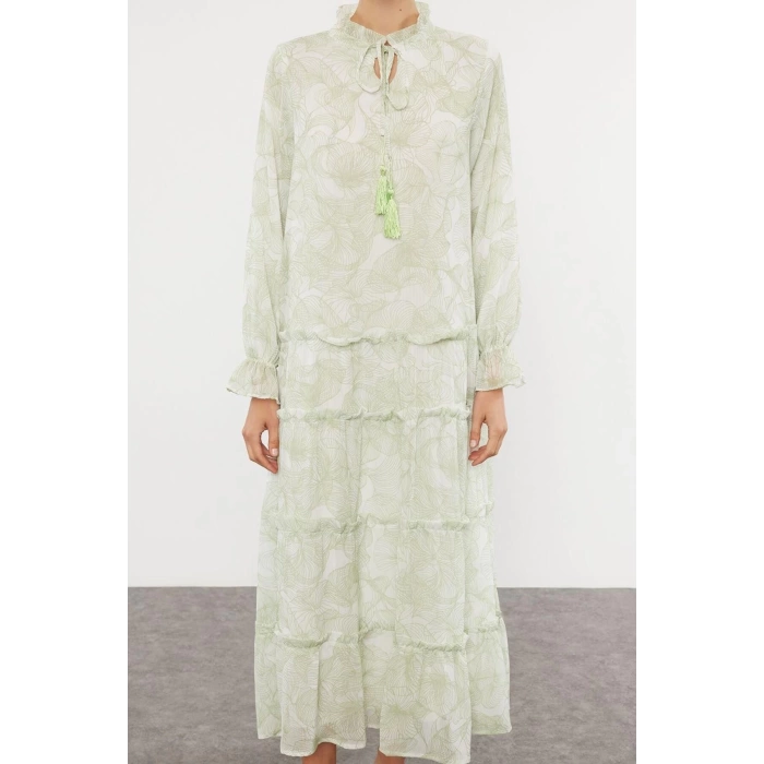 Women Fashion Stylish Hijab Maxi Length Judge Collar Regular Woven Chiffon Floral Patterned Dress