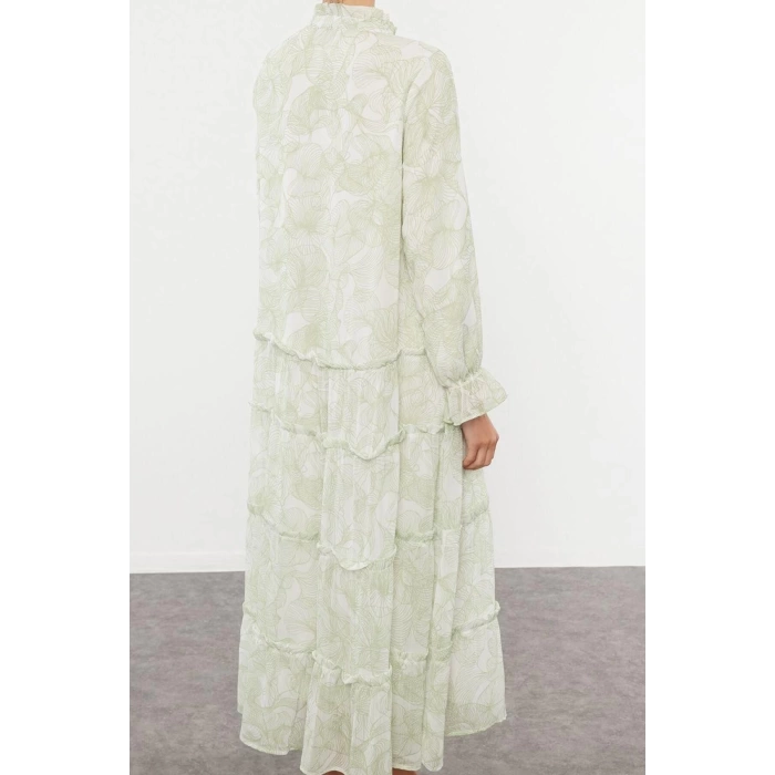 Women Fashion Stylish Hijab Maxi Length Judge Collar Regular Woven Chiffon Floral Patterned Dress
