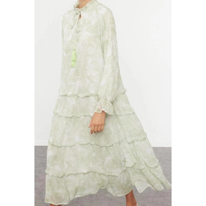 Women Fashion Stylish Hijab Maxi Length Judge Collar Regular Woven Chiffon Floral Patterned Dress