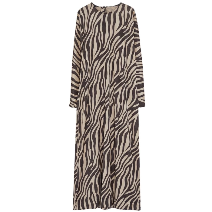 Women Fashion Stylish Hijab Maxi Length Crew Neck Regular Crinkle Knitted Animal Zebra Patterned Dress