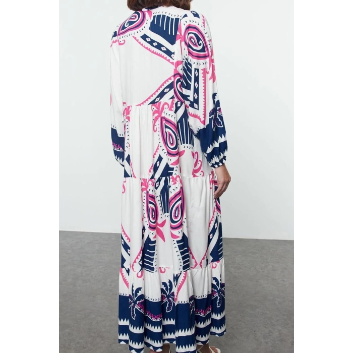Women Fashion Stylish Hijab Long Judge Collar Relaxed Viscose Woven Patterned Dress