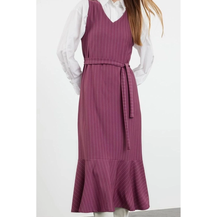 Kadın Moda Şık Tesettür Uzun V Yaka Relaxed Çizgili Dokuma Jile Elbise