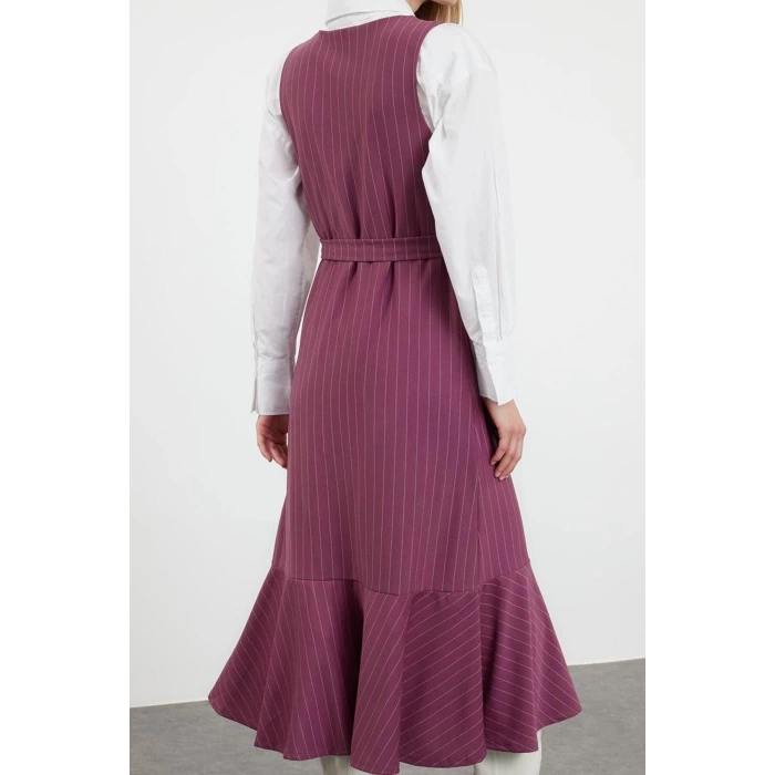 Kadın Moda Şık Tesettür Uzun V Yaka Relaxed Çizgili Dokuma Jile Elbise