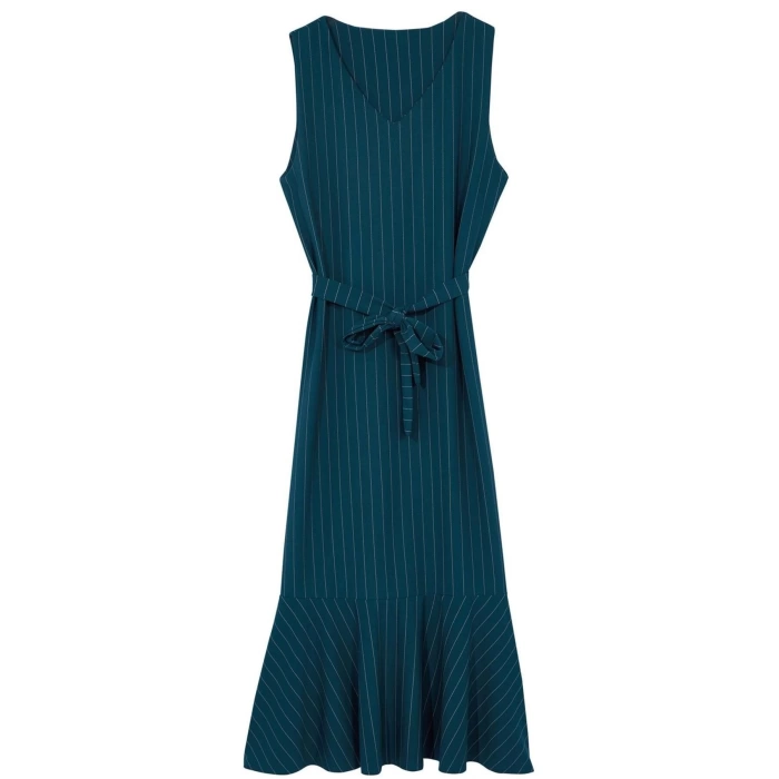 Kadın Moda Şık Tesettür Uzun V Yaka Relaxed Çizgili Dokuma Jile Elbise