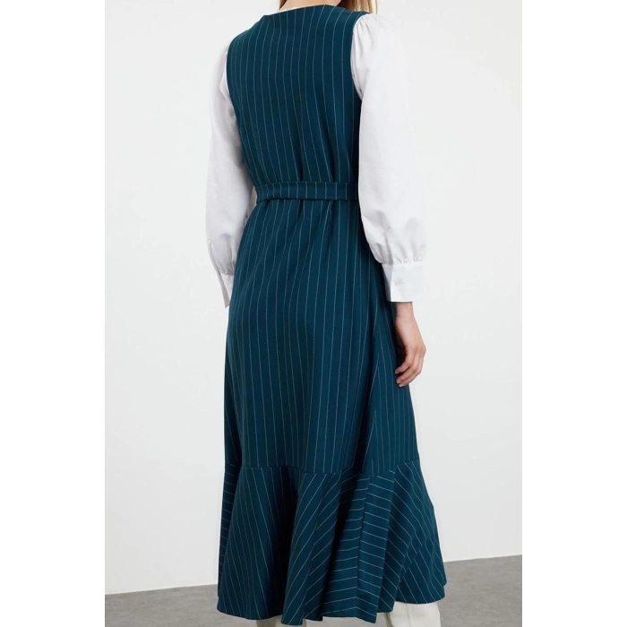 Kadın Moda Şık Tesettür Uzun V Yaka Relaxed Çizgili Dokuma Jile Elbise