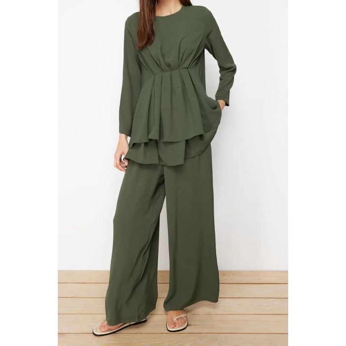 Women Fashion Stylish Regular Length Three Quarter Sleeve Gathered Aerobin Tunic Pants Woven Bottom Top Set
