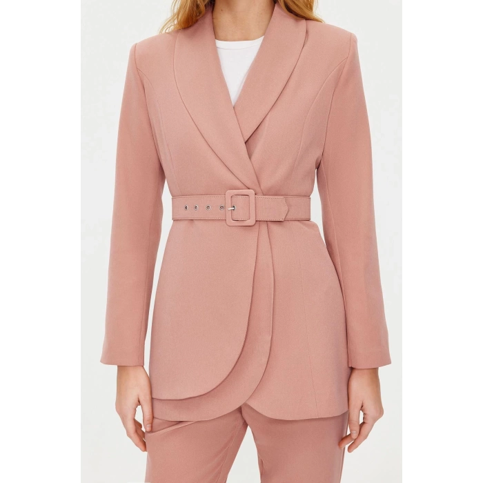 Women Fashion Stylish Regular Length Long Sleeve Belted Crepe Lined Jacket Trousers Woven Bottom Top Set