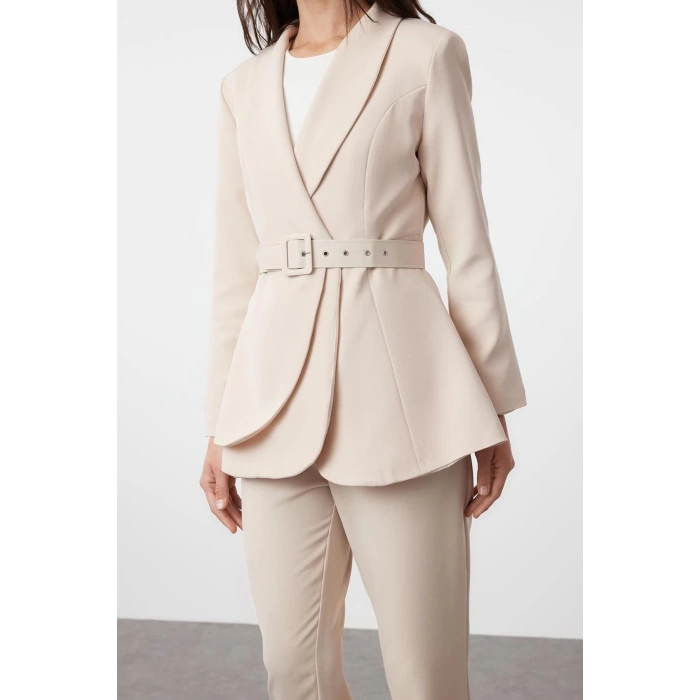 Women Fashion Stylish Regular Length Long Sleeve Belted Crepe Lined Jacket Trousers Woven Bottom Top Set