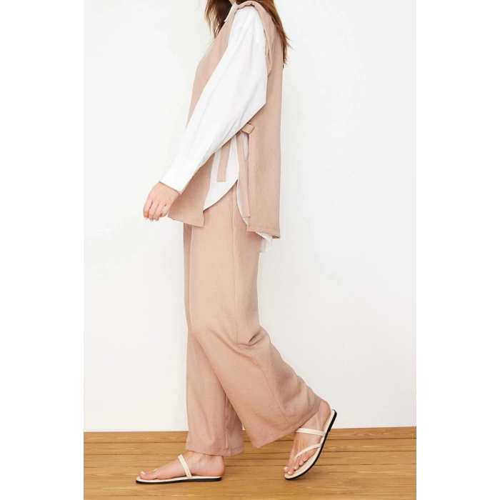 Womens Fashion Stylish Wide Leg Regular Length Linen Look Side Tie Woven Bottom Top Set
