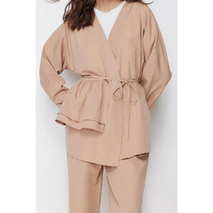 Women Fashion Stylish Regular Length Long Sleeve Cotton Woven Kimono Pants Top and Bottom Set