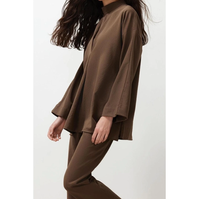 Womens Fashion Stylish Regular Length Long Sleeve Collar Detailed Woven Bottom Top Set