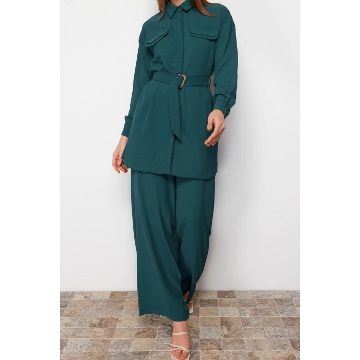 Womens Fashion Stylish Wide Leg Regular Length Long Sleeve Woven Bottom-Top Set