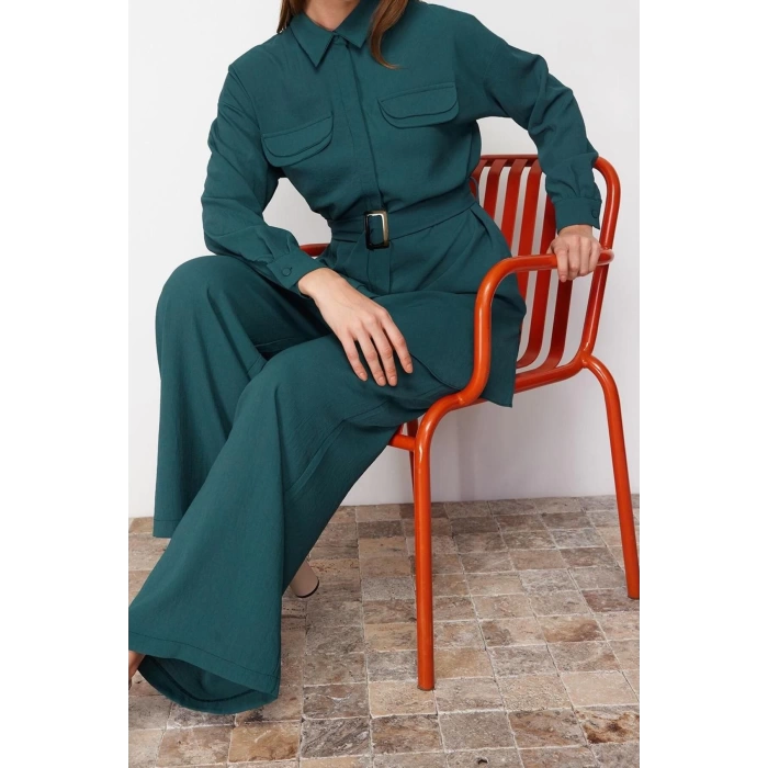 Womens Fashion Stylish Wide Leg Regular Length Long Sleeve Woven Bottom-Top Set