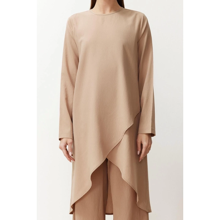Womens Fashion Stylish Straight Leg Long Length Long Sleeve Asymmetrical Woven Tunic Trousers Bottom-Top Set