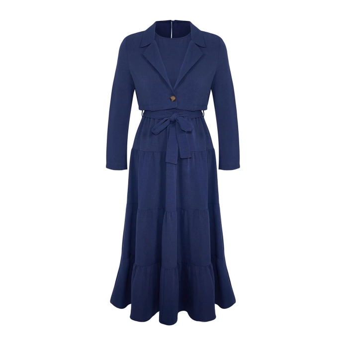 Women Fashion Stylish Regular Crop Length Long Sleeve Belted Dress Crop Jacket Woven Suit
