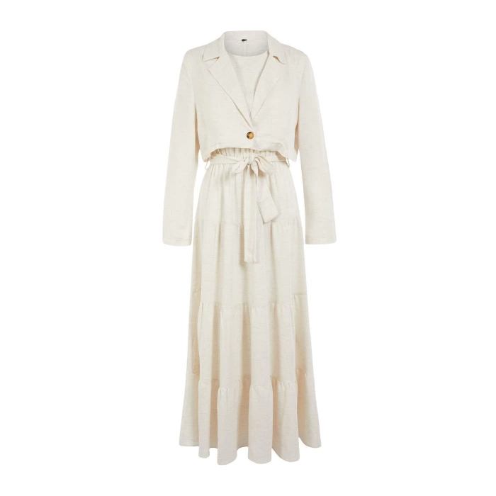 Women Fashion Stylish Regular Crop Length Long Sleeve Belted Dress Crop Jacket Woven Suit
