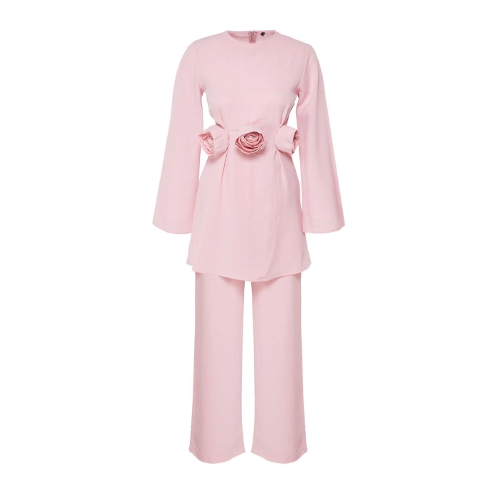 Womens Fashion Stylish Regular Long Length Long Sleeve Front Rose Flower Detailed Woven Bottom-Top Set