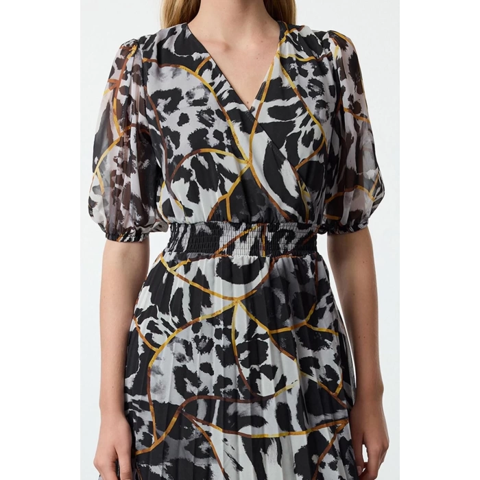 Women Fashion Stylish Midi Length Double Breasted Regular Animal Patterned Chiffon Woven Dress