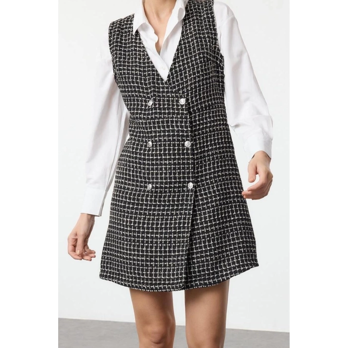 Women Fashion Stylish Mini Length V Neck Regular Tweed Fabric Vest Woven Dress