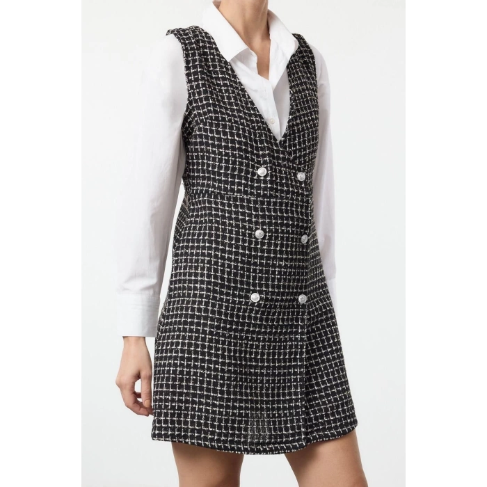 Women Fashion Stylish Mini Length V Neck Regular Tweed Fabric Vest Woven Dress
