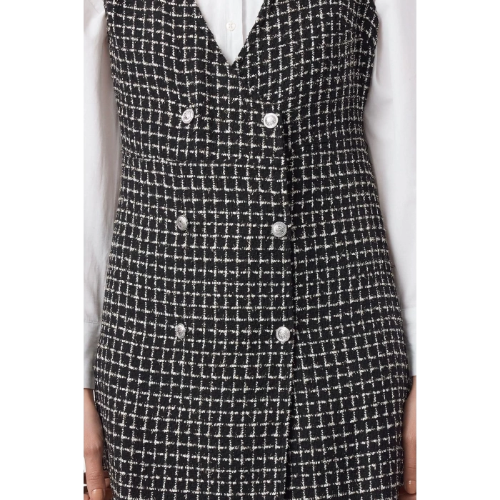 Women Fashion Stylish Mini Length V Neck Regular Tweed Fabric Vest Woven Dress