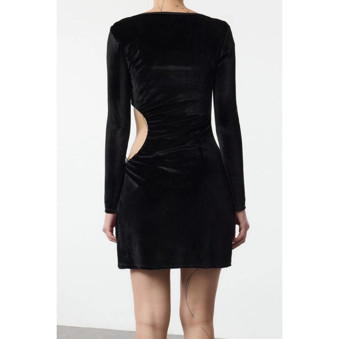 Women Fashion Stylish Mini Length Square Neck Fitted Cut Out Window Detail Velvet Knit Dress