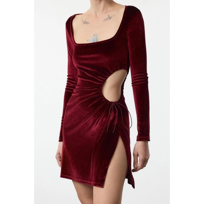 Women Fashion Stylish Mini Length Square Neck Fitted Cut Out Window Detail Velvet Knit Dress