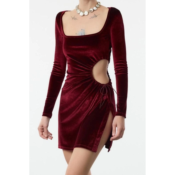 Women Fashion Stylish Mini Length Square Neck Fitted Cut Out Window Detail Velvet Knit Dress