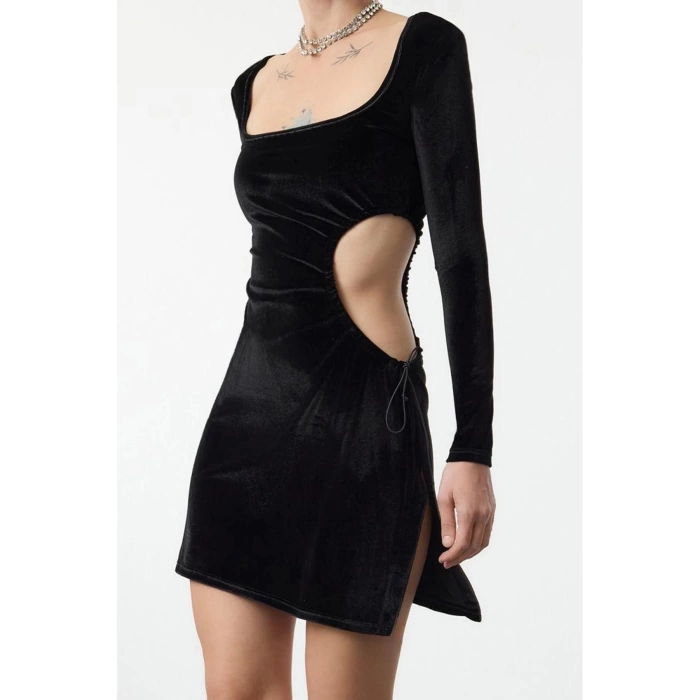 Women Fashion Stylish Mini Length Square Neck Fitted Cut Out Window Detail Velvet Knit Dress