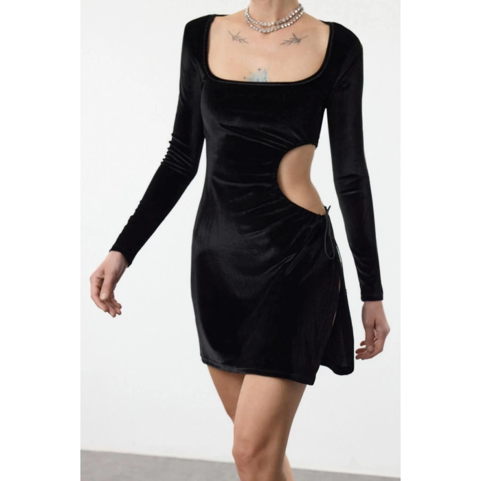 Women Fashion Stylish Mini Length Square Neck Fitted Cut Out Window Detail Velvet Knit Dress