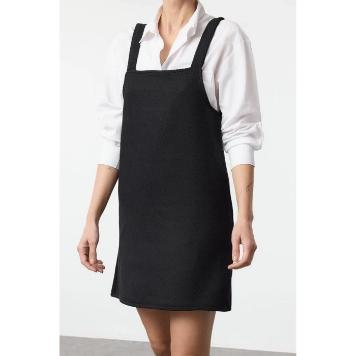 Women Fashion Stylish Mini Length Square Collar Regular Herringbone Vest Woven Dress