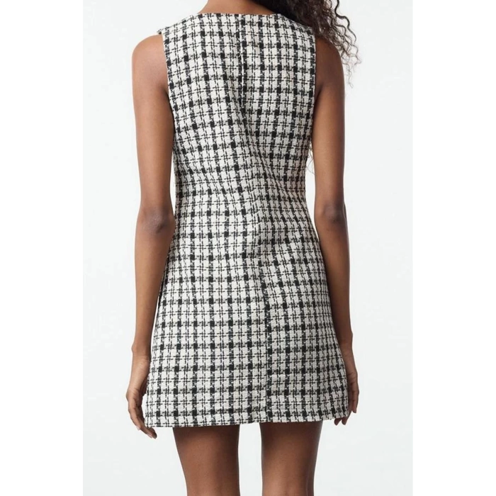 Women Fashion Stylish Mini Length Jacket Collar Regular Tweed Fabric Button Detailed Woven Vest Dress