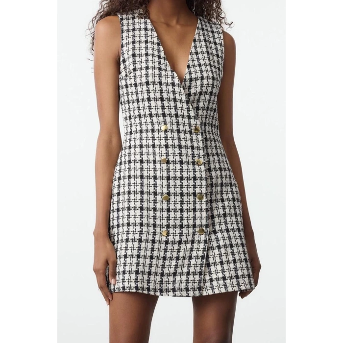Women Fashion Stylish Mini Length Jacket Collar Regular Tweed Fabric Button Detailed Woven Vest Dress