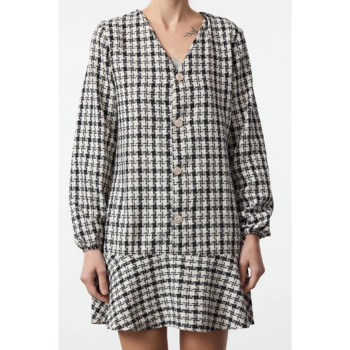 Women Fashion Stylish Mini Length V Neck Regular Tweed Fabric Flounce Woven Dress