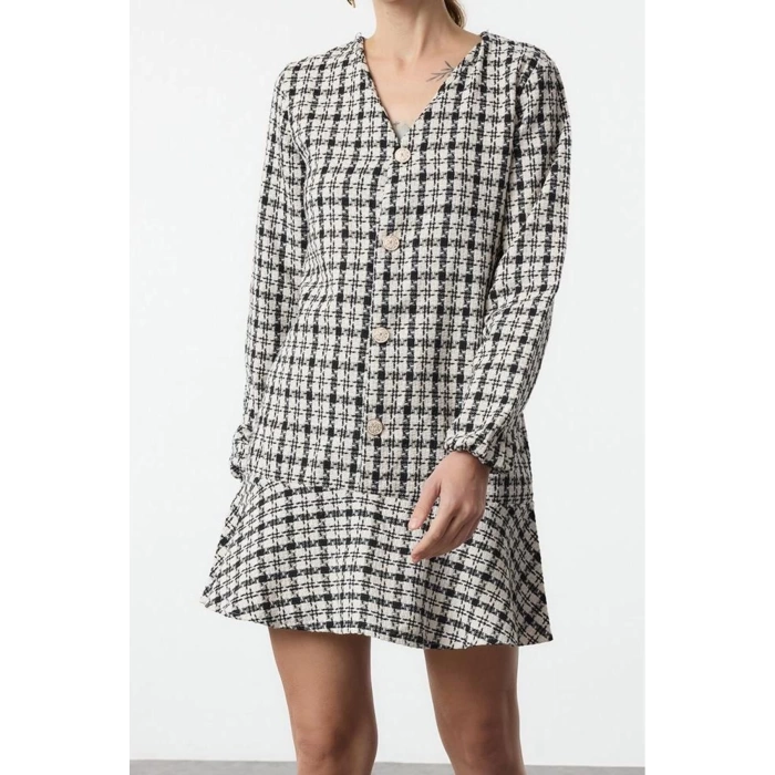 Women Fashion Stylish Mini Length V Neck Regular Tweed Fabric Flounce Woven Dress