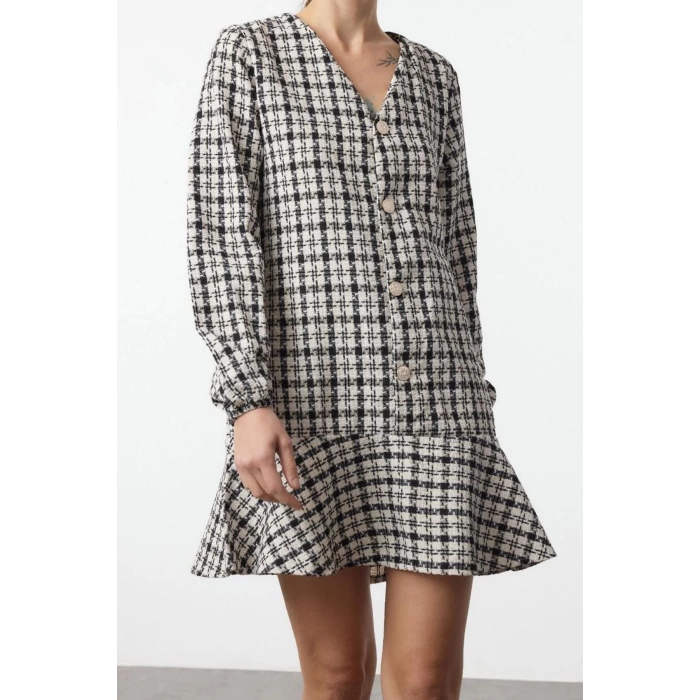 Women Fashion Stylish Mini Length V Neck Regular Tweed Fabric Flounce Woven Dress