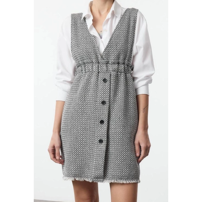 Women Fashion Stylish Mini Length V Neck Regular Tweed Fabric Vest Woven Dress