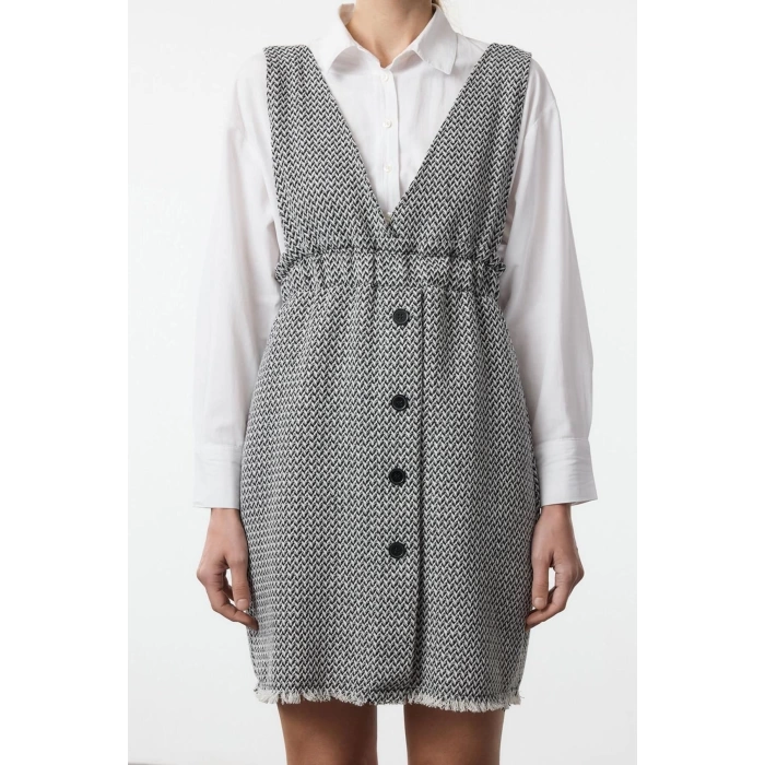 Women Fashion Stylish Mini Length V Neck Regular Tweed Fabric Vest Woven Dress
