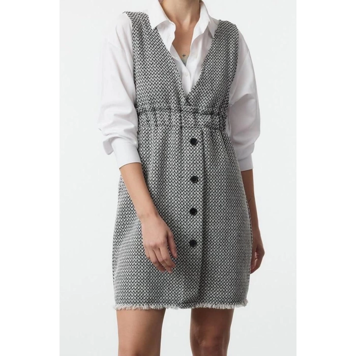 Women Fashion Stylish Mini Length V Neck Regular Tweed Fabric Vest Woven Dress