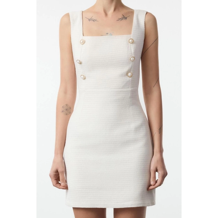 Women Fashion Stylish Mini Length Square Collar Slim Button Detailed Tweed Woven Dress