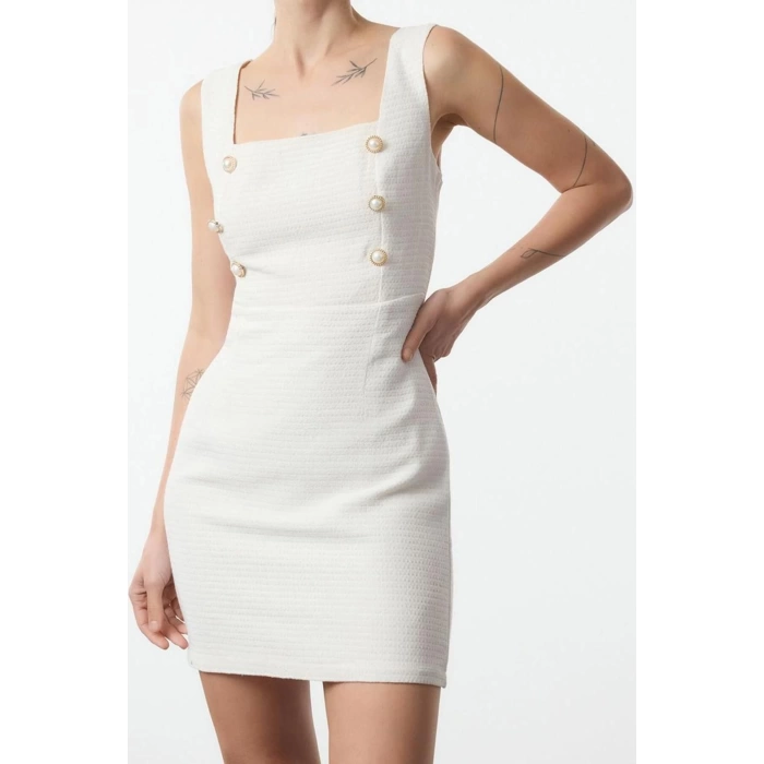 Women Fashion Stylish Mini Length Square Collar Slim Button Detailed Tweed Woven Dress