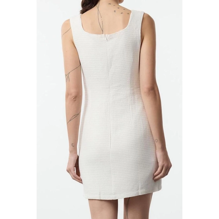 Women Fashion Stylish Mini Length Square Collar Slim Button Detailed Tweed Woven Dress