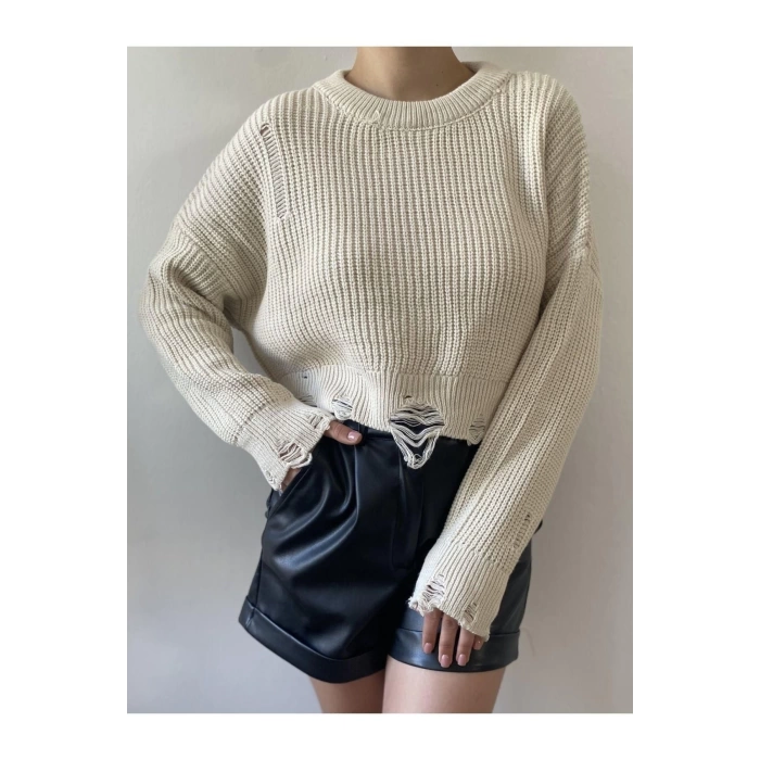 Womens Fashion Stylish Crew Neck Standard Sleeve Regular Draped Detail Knitwear Sweater