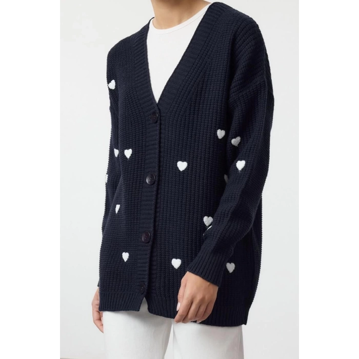 Women Fashion Stylish Hijab V Neck Low Sleeve Regular Heart Patterned Comfortable Pattern Knitwear Cardigan
