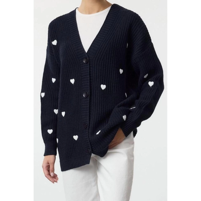 Women Fashion Stylish Hijab V Neck Low Sleeve Regular Heart Patterned Comfortable Pattern Knitwear Cardigan